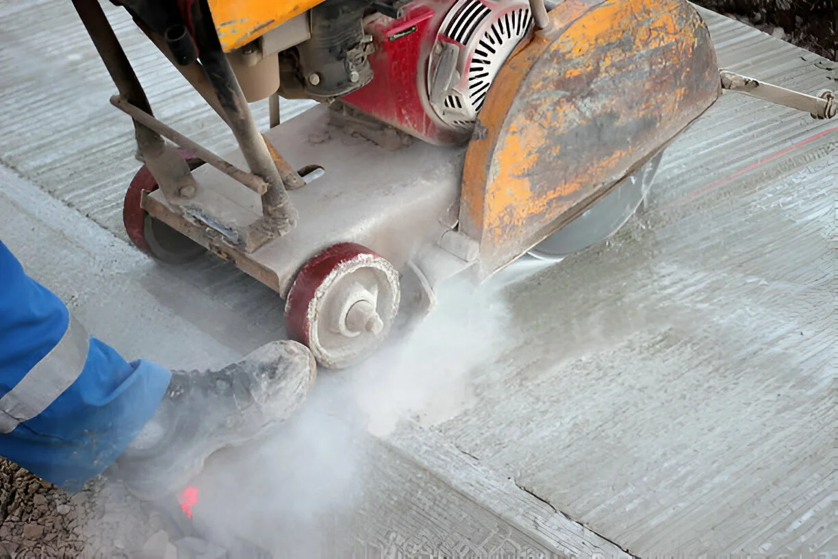 Worker using industrial saw for precise concrete cutting on a construction site.