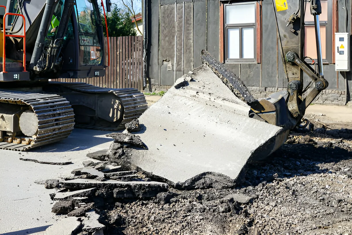 Excavator breaking and removing large concrete slab debris at a demolition site.